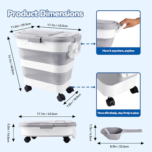 Dog Food Storage Container 30-40lbs, Airtight Pet Food Bin with Locking Lid & Clear Window, Collapsible Rolling Storage Container with Wheels & Scoop, Gray - color: Gray-L