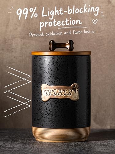 Miamolo Dog Treat Container Jar, Ceramic Airtight Dog Food Storage Container with Lid and Handle, Dog Treats Cookie Snack Jar Canister for Kitchen Counter, Gift for Dog Owners, Bone Glinting Black - color: Bone Glinting Black
