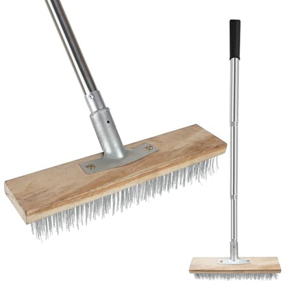 Floor Scrub Brush, Deck Brushes for Scrubbing Heavy Duty, Concrete Scrubber Outdoor Broom, Metal Wire Pool Brush Stainless Steel, Garage Patio Gunite Tile Algae Moss Cleaning Tool Long Handle
