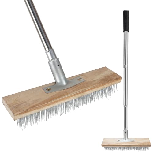 Floor Scrub Brush, Deck Brushes for Scrubbing Heavy Duty, Concrete Scrubber Outdoor Broom, Metal Wire Pool Brush Stainless Steel, Garage Patio Gunite Tile Algae Moss Cleaning Tool Long Handle