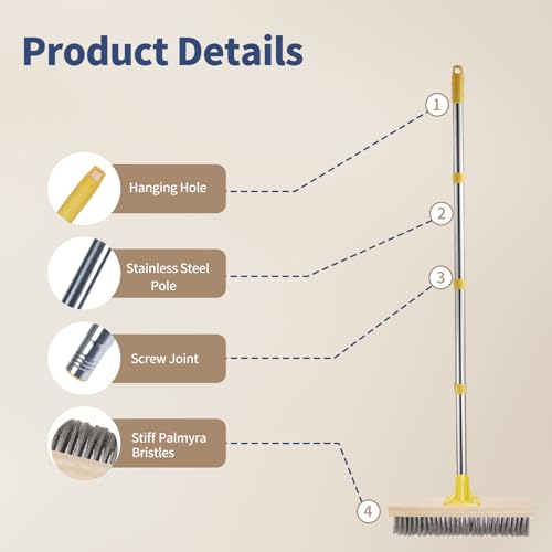 NICOFPHY Stainless Steel Deck Brushes for Scrubbing Heavy Duty, 60" Concrete Floor Scrub Brush with Long Handle, Metal Stiff Wire Scrubber Broom for Cleaning Moss, Garage, Patio, Garden, Outdoor Stain