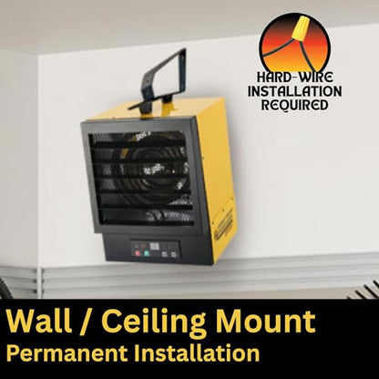 Dura Heat 240 Volt Hard-Wired Garage Heater, Remote, 10,000 Watt - EWH9615 | NO PLUG Hardwired Install Required, 2 Power Setting, Steel Body, Heat up to 1,200 sq ft, Thermostat, Wall & Ceiling Mount