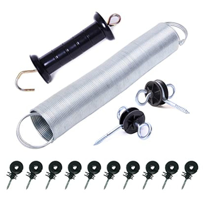 Electric Fence 16-Feet Tension Spring Gate Handles Kits with Double Hooks Anchors and Ring Wood Post Screw-in Insulators Set