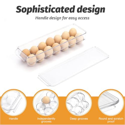 Egg Holder for Fridge with Lid, Egg Containerand for Refrigerator with Front Handle, BPA-Free Clear Plastic 14 Eggs Stackable Tray Storage for Refrigerator. (28 Eggs, Pack of 2)