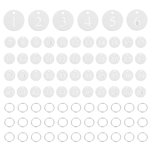 PATIKIL 50PCS Number Tags 1-50, Number Key Tags Aluminum Numbered Keychain Metal Round with Key Rings for Organizer Field Sales Hangers Clothes Labels ID, Silver - color: Silver