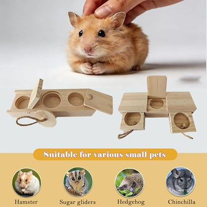 2 PCS Wooden Foraging Toys for Guinea Pigs, Hamsters & Chinchillas, Small Pet Puzzle Feeder with Drawers and Ropes, Natural Wood Chew Enrichment Activity Toy