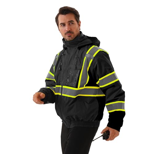 Hi Vis Safety jacket for men,Reflective high Visibility Hooded jacket,Work Bomber Jacket with Pockets and Zipper,Waterproof,ANSI Class 3 Black,Medium - color: Dark, size: Medium