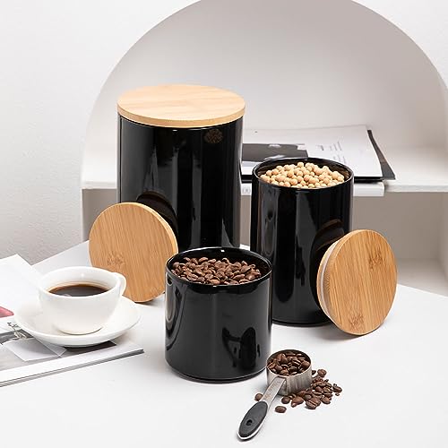 Sweejar Ceramic canisters for kitchen counter,Stackable Food Containers Set with Airtight Seal Bamboo Lid for Serving Ground Coffee, Tea, Spice, Flour and Sugar-Set of 3 (Black) - color: Black, style: 16/28/58 Fl Oz (Set of 3)