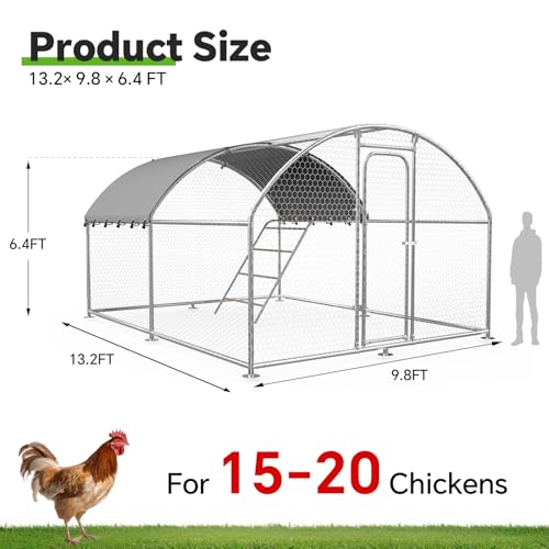 Large Metal Chicken Coop with Weatherproof Cover and Multi-Purpose Chicken Run for Chickens, Rabbits, Ducks, Farm and Yard Animal Pen(10’ W x 13.2’ L x 6.4’ H, Dome Roof-Roosting Perch) - size: 13x10Ft - Dome