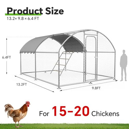 Large Metal Chicken Coop with Weatherproof Cover and Multi-Purpose Chicken Run for Chickens, Rabbits, Ducks, Farm and Yard Animal Pen(10’ W x 13.2’ L x 6.4’ H, Dome Roof-Roosting Perch) - size: 13x10Ft - Dome