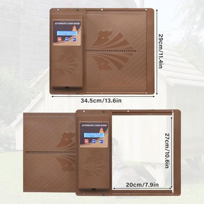 Large Automatic Chicken Coop Door, Side Opening Poultry Entry with Timer Control, Anti-Pinch Safety, Battery or USB Power, LCD Screen, Quick Install for Backyard Chicken House - color: Coffee