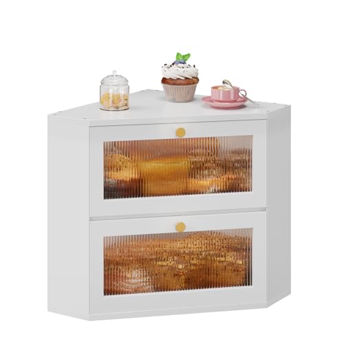 Trironsun Corner Bamboo Bread Box for Kitchen Counter Double Layer Bread Storage Container Large Capacity Bread Storage Bin with Wavy Arcylic Transparent Door (White) - color: White