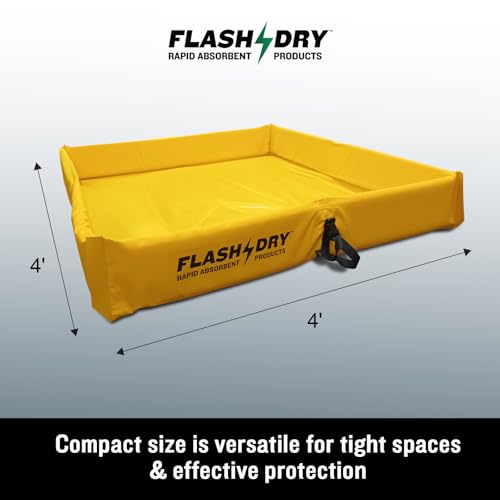FLASHDRY Portable Spill Containment Berm, Folding Duck Pond 4' x 4', Reusable Oil, Fuel & Chemical Spill Containment Tray, UV-Resistant PVC, Heavy-Duty, Quick & Easy Setup, Garage & Industrial Use - color: Yellow