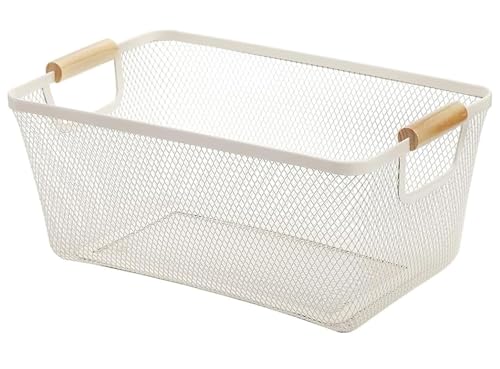 AJIODA Metal Mesh Steel Basket, Medium Wire Storage Organizer Basket Multi-function Hanging Kitchen Basket with Wood Handle for Kitchen Bathroom Picnic Home, Rectangle-Off White - color: Off-White, size: 1Pack-Medium