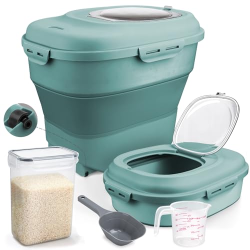 Komzon Rice Storage Bin Cereal Containers, 13-50lb Collapsible Rice Container Dispenser with Transparent Lid, Rolling Wheels, Measuring Cup and Scoop, Airtight Dog Cat Pet Food Storage Container Green - color: Green