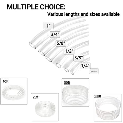 Clear Plastic Tubing 1/2" ID × 5/8" OD -100 Ft Dimensions 60PSI,Flexible Vinyl Tubing BPA Free Non-Toxic, Multipurpose Hybrid Clear Reinforced Tube with 2 Screw Clamps - size: 1/2'', style: 100 feet