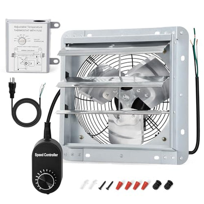 Criditpid 14 Inch Shutter Exhaust Fan, 1088 CFM Wall Mounted Attic Fan, Greenhouse Fan with Speed Controller and Thermostat for Garages, Warehouse, Shed, Basement, Chicken Coops Ventilation, 1450 RPM - size: 14 Inch Shutter Exhaust Fan