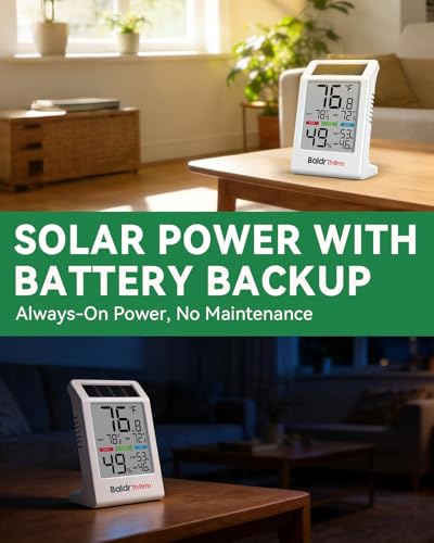 BALDR Indoor Thermometer Hygrometer, Solar Power with Battery Backup, Large Display, Daily Max/Min & Comfort Indicator Humidity Meter - color: Grey