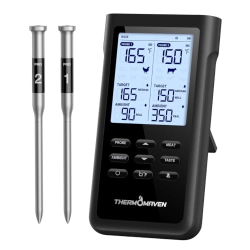 ThermoMaven Sub-1G Wireless Meat Thermometer, No App, 2 Ultra-Thin Probes | 3000FT Open Range, Standalone Base, 6 Sensor NIST Accuracy, IPX8 Waterproof, BBQ Smoker Grill Oven Brisket Steak Turkey Pork - color: Black