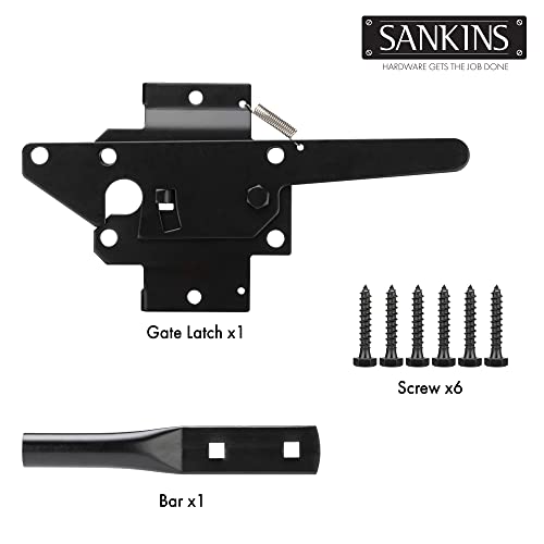 Self-Locking Gate Latch Heavy Duty for Wooden Fence, Post Mount Automatic Gravity Lever for PVC Fence Gate Lock Hardware with Fasteners for Secure Pool, Yard, Garden, Steel, Black