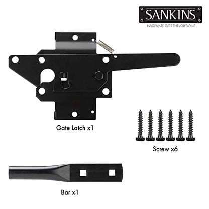 Self-Locking Gate Latch Heavy Duty for Wooden Fence, Post Mount Automatic Gravity Lever for PVC Fence Gate Lock Hardware with Fasteners for Secure Pool, Yard, Garden, Steel, Black