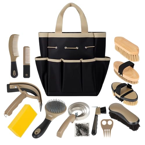 Horse Grooming Kit, 14-in-1 Professional Horse Brush Supplies Set for Grooming & Care, with Horse Brushes, Curry Comb, Hoof Pick & Waterproof Storage Tote Bag for Shining, Detangling, Massaging(Khaki) - color: Khaki