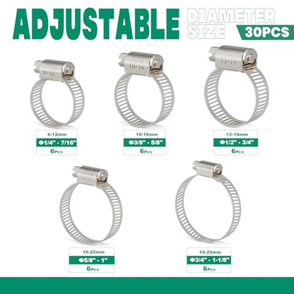 OURU 30PCS Hose Clamps Stainless Steel Assortment Adjustable 1/4"-1-1/8"(6-29mm) Worm Gear Hose Clamp, Heavy Duty Metal Small Hose Clamps for Automotive, Pipe, Radiator Plumbing, Fuel Line - size: 30PCS KIT-HOSE CLAMP(1/4"-1-1/8")