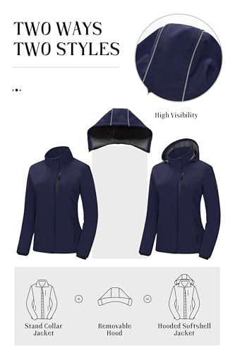 Pursky Women's Softshell Jacket Lightweight Fleece Lined Rain Jacket Waterproof Warm Windbreaker Coat With Removable Hood - color: Navy Blue, size: Medium