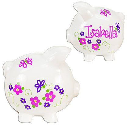 My Bambino Girl's Hand Painted Personalized Piggy Bank Large White piggybank Baby Gift (Pink Purple Butterflies Flowers) - color: Pink Purple Butterflies Flowers