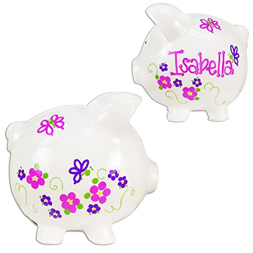 My Bambino Girl's Hand Painted Personalized Piggy Bank Large White piggybank Baby Gift (Pink Purple Butterflies Flowers) - color: Pink Purple Butterflies Flowers