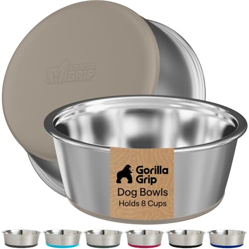 GORILLA GRIP Dog Bowls, Food Grade 304 Stainless Steel, Holds 8 Cups Each (64 fl oz) Food and Water Bowl for Feeding Dogs and Cats, Dishwasher Safe, Rust Resistant, BPA Free Rubber Base Set of 2 Beige - color: Beige, size: 8 Cup (64 Oz)