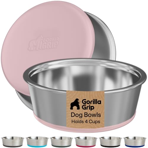 GORILLA GRIP Dog Bowls, Food Grade 304 Stainless Steel, Holds 4 Cups Each (32 fl oz) Food and Water Bowl for Feeding Dogs and Cats, Dishwasher Safe, Rust Resistant, BPA Free Rubber Base Set of 2 Pink - color: Light Pink, size: 4 Cup (32 Oz)