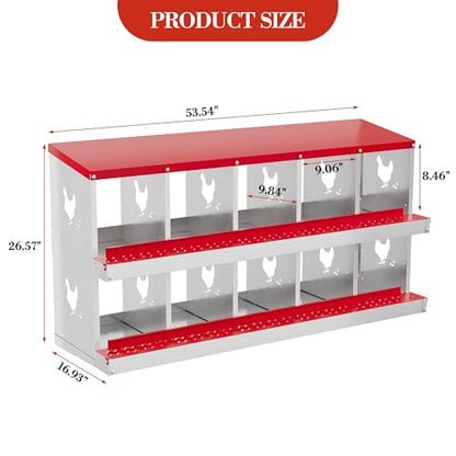 Chicken Nesting Box,10 Compartments Galvanized Steel Metal Chicken Laying Box with Roll Out Egg Collection,Wall Mount Chicken Nesting Boxes,Easy Egg Collection, Hen Roosting Boxes - color: Red, size: 10 Holes