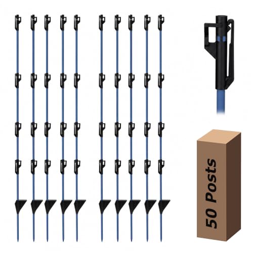 50 Pack Fixed Insulator Fiberglass Posts, 48 Inch Step-in Electric Fence Posts, Easy Step-in Posts for Livestock Fencing, Garden Fencing and Boundary Marking,Blue - color: Blue