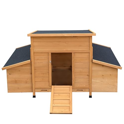 Large Wooden Chicken Coop with Waterproof Asphalt Roof, Fir Wood Poultry House with 6 Nesting Boxes & Ramp, Outdoor Weatherproof Hen Cage with Removable Tray for 6–8 Chickens
