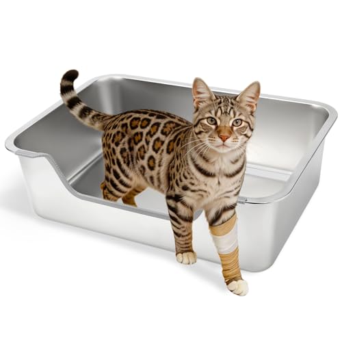 FHTONGE Low Entry Stainless Steel Cat Litter Box, Splash-Proof High Wall Metal Kitty Litter Box Kitten Toilet for Senior Arthritis Surgery Injured Disabled Munchkin Smaller Pregnant Cat, 19.7x13.8 - size: 19.7x13.8"(50x35cm) for Common Cat