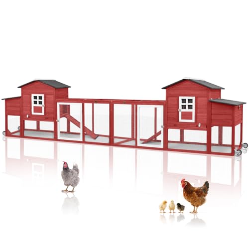 158" L Large Chicken Coop with Run, Chicken House with Nesting Boxes, Wheels, Outdoor Mobile Hen Chicken Coop Poultry Cage with Removable Tray, Ramp (Red) - color: 158" L Red