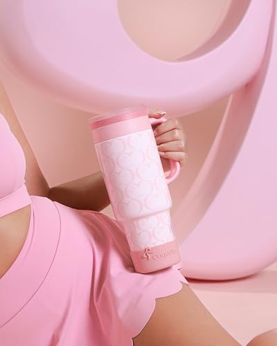 40 oz Insulated Tumbler with Handle and Push-Button Straw Lid, Stainless Steel Travel Cup for Gym Office, Leakproof, BPA-Free, Cup Holder Friendly, Bow Silicone Boot, Pink (C’ Blush) - color: C’ Blush