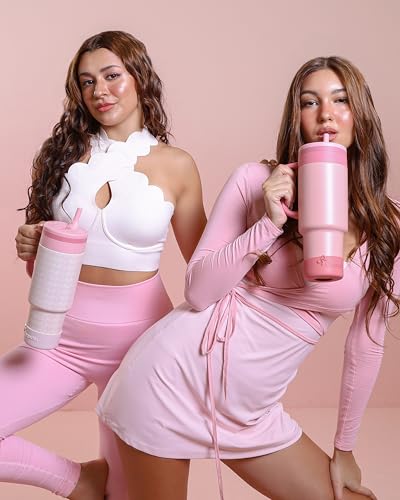 40 oz Insulated Tumbler with Handle and Push-Button Straw Lid, Stainless Steel Travel Cup for Gym Office, Leakproof, BPA-Free, Cup Holder Friendly, Bow Silicone Boot, Pink (Coquette Blush) - color: Coquette Blush