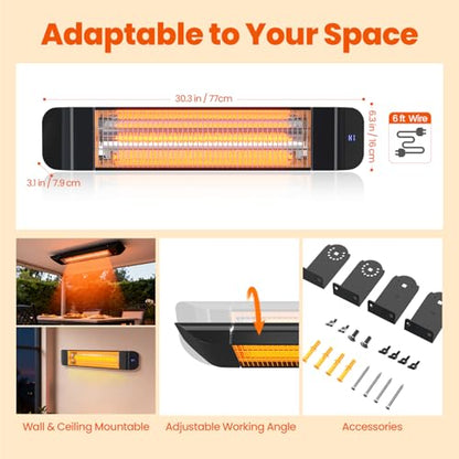 1500W Infrared Patio Heater, 2 Levels (900W/1500W), Wall Mounted Electric Outdoor Heater with Remote, CSA Certified, IP65, Overheat/Tip-Over Protection for Garage & Backyard (Black)
