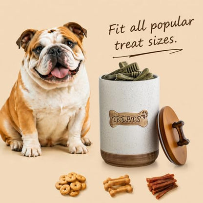 Miamolo Dog Treat Jar Ceramic Dog Treat Container with Wooden Lid, 8 Cups Airtight Dog Food Storage Container for Countertop, Farmhouse Dog Biscuit Jar Gift for Dog Lovers - Bone Dotted White - color: Bone Dotted White