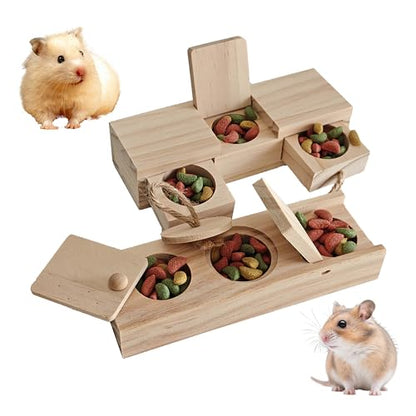 2 PCS Wooden Foraging Toys for Guinea Pigs, Hamsters & Chinchillas, Small Pet Puzzle Feeder with Drawers and Ropes, Natural Wood Chew Enrichment Activity Toy