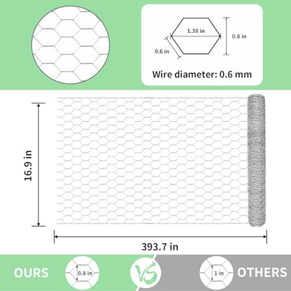 Chicken Wire 16.9 in x 393.7 in Poultry Wire Netting Hexagonal Galvanized Mesh Garden Fence Barrier for Pet Rabbit Chicken Fencing with 100 Pcs Cable Zip Ties - color: Silver, size: 16.9"x393.7"+100Ties