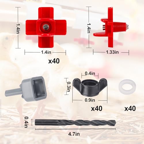 40 Pack Chicken Waterer Nipples - Easy Install Leakproof Poultry Watering System for Chicken Coop, Quail Duck Water Feeder Nipples with Drill Bits