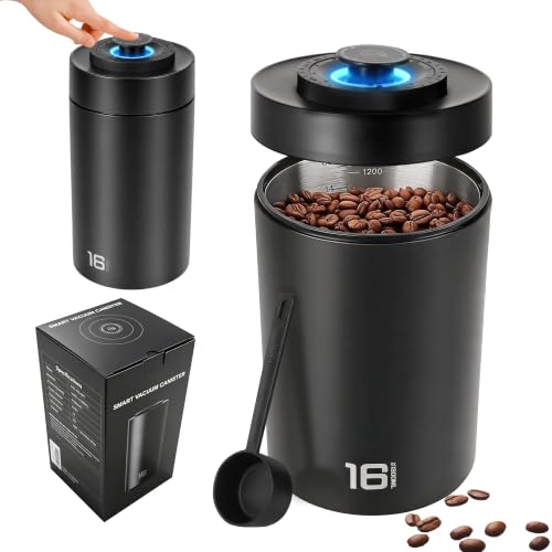 ROTTOGOON Auto Vacuum Coffee Canister, Rechargeable Airtight Coffee Container with 304 Stainless Steel Inner, Scoop, Sealed Coffee Bean Storage Container for Ground Coffee, Tea, Food, 16OZ/ 1.3L - size: 1.3L/16OZ