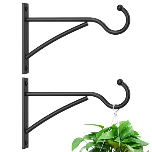 6 Inch 2 Pack Heavy Duty Plant Hangers Outdoor, Metal Plant Brackets for Hanging Baskets, Plant Wall Hooks for Bird Feeders, Wind Chimes & Lanterns, Premium Metal Hooks Matte Black, 30lbs Capacity - size: 6 in, 2 pk