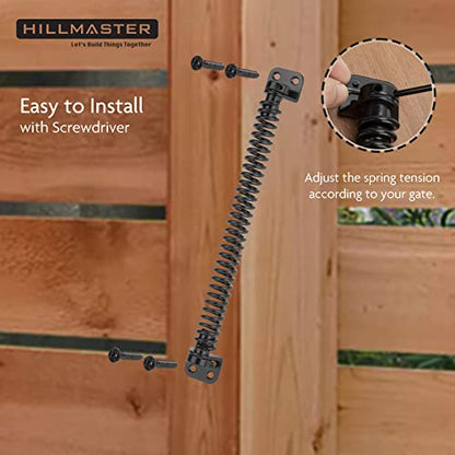 HILLMASTER 12" Gate Spring Self Closing Outdoor Door Spring Automatic Gate Closure Hardware with Adjustable Tool for Wooden Vinyl Fence, Black Finish