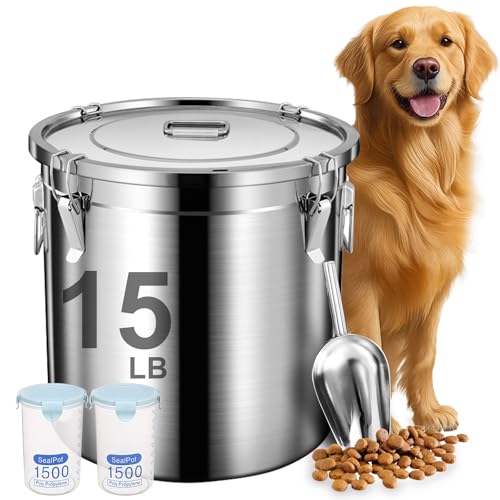 Newget Dog Food Storage Containers, Large Stainless Steel Pet Food Storage Containers 15 lb / 6.5 kg to Keep Fresh, Metal Airtight Cat Food Containers With Scoop and 2 Small Containers - size: 15 lb