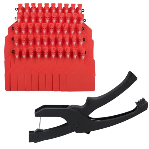 Tags One-Piece Cattle Ear Tags 50pcs Blank Large Tags with Specialized Pliers, Animal Identification Tags for Cows Goats Sheep Pigs (red) - color: Red