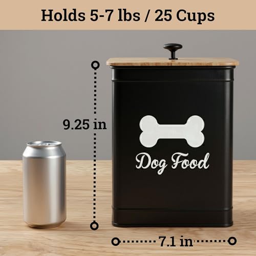 Dog Food Container Airtight Bamboo Lid 5-7 lb, 25 Cups, Sturdy Metal Handle | Pet Jar For Dogs up to 50lbs, Airtight Bamboo Lid, Sturdy Comfortable Metal Handle, Powder Coated Iron, Kibble Storage Bin - color: Black
